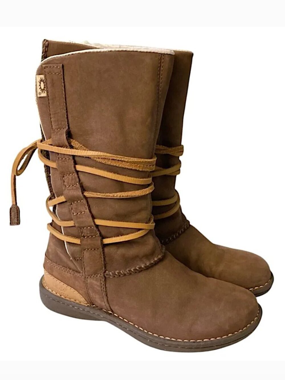UGG Catalina Sheepskin Leather Boots Wrap Laces Mid Calf Size 6 Goober Brown